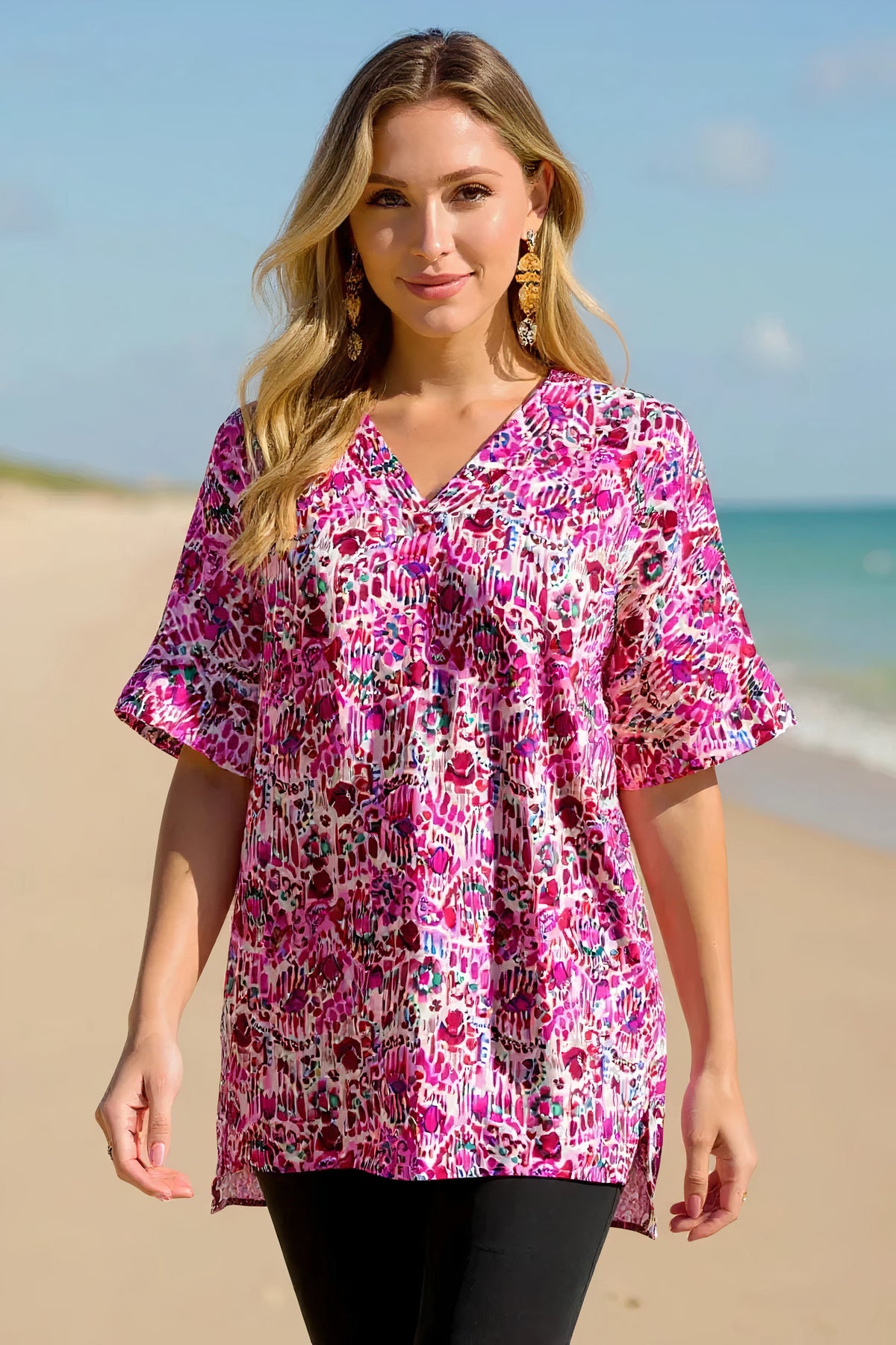 double take full size printed v-neck short sleeve blouse - everyday wear