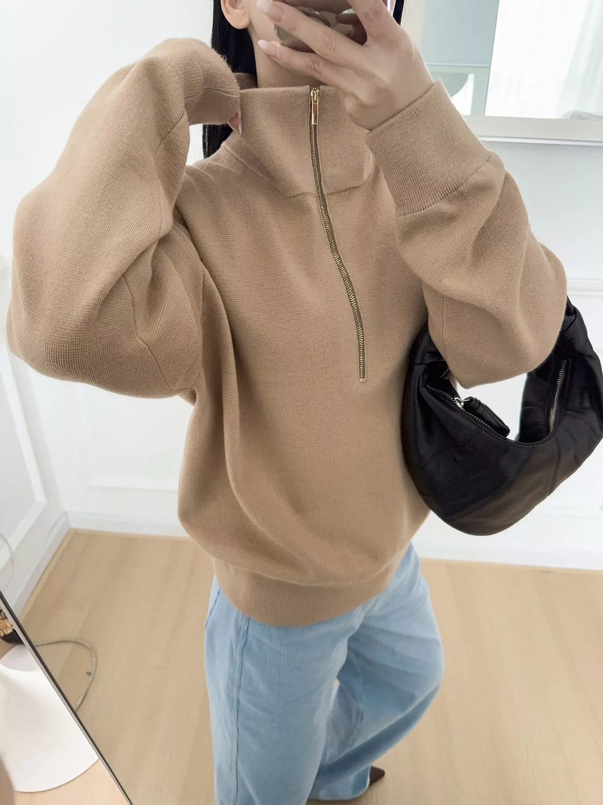 half-zip dropped shoulder sweater – zipper fit | dropsona - neutral - size reference