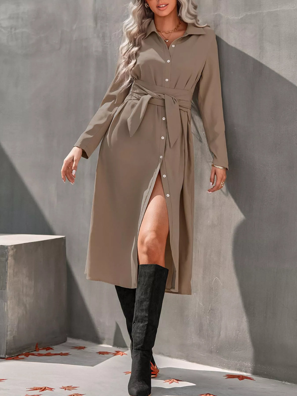 full size tie waist long sleeve shirt dress plus | dropsona - neutral - material texture