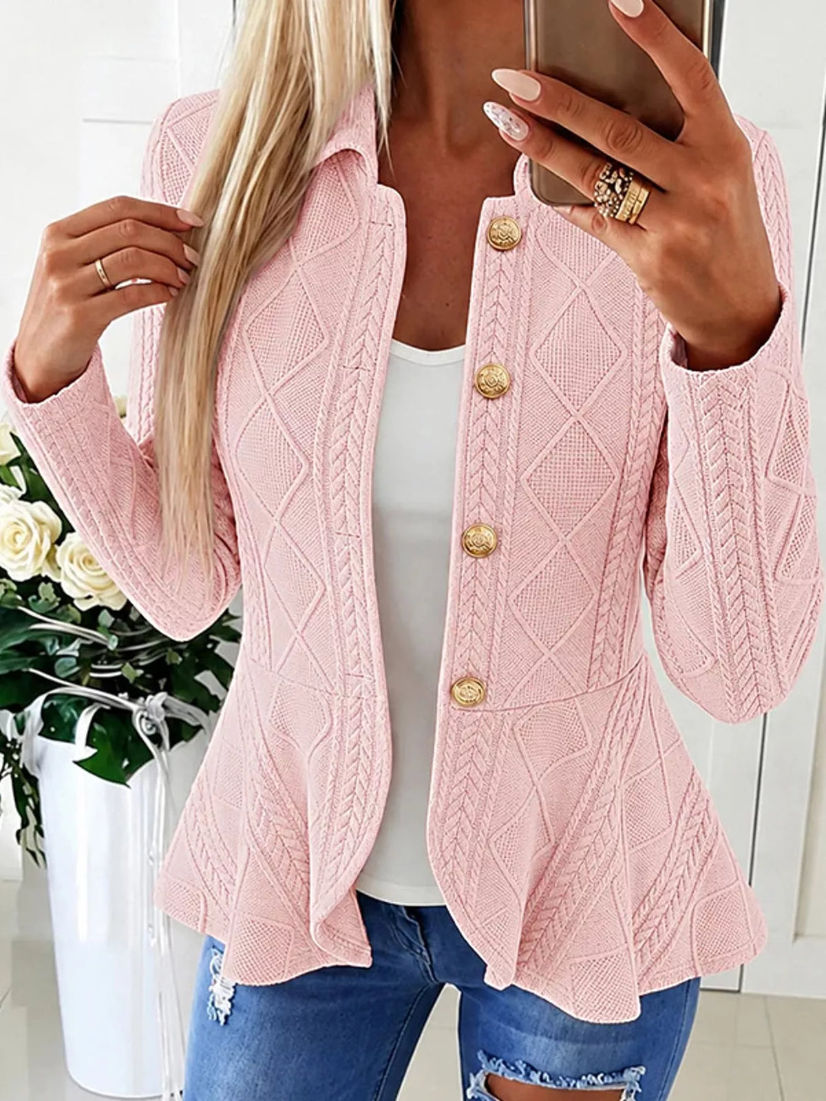cable-knit button up cardigan | dropsona polyester 100% - neutral - close-up detail