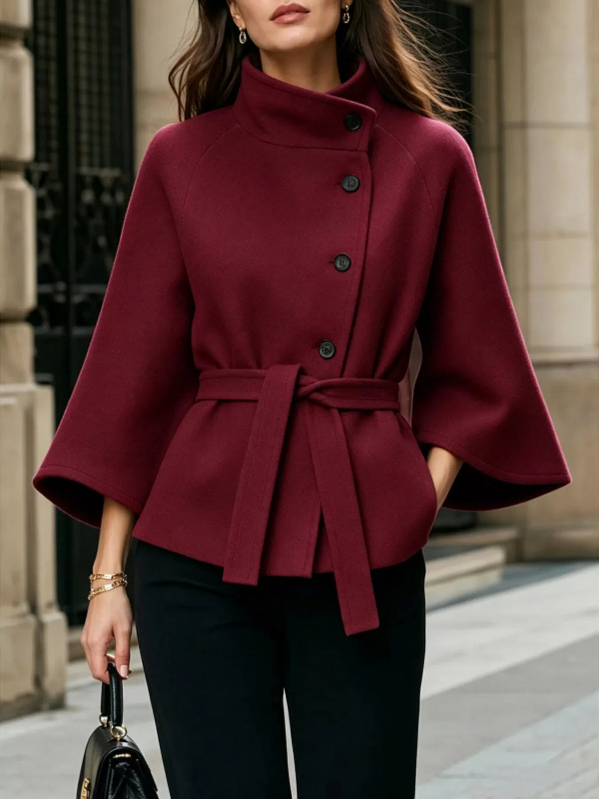 button down cape coat with belted waist | dropsona - neutral - material texture
