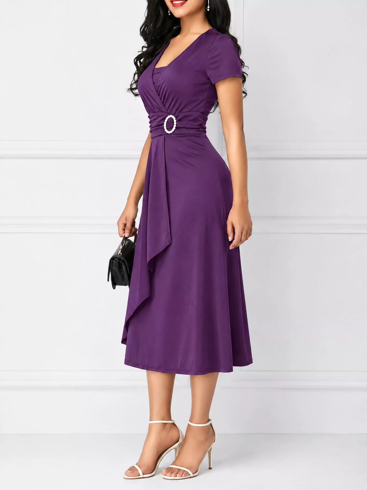 full size decorative buckle short sleeve dress plus | dropsona - neutral - packaging