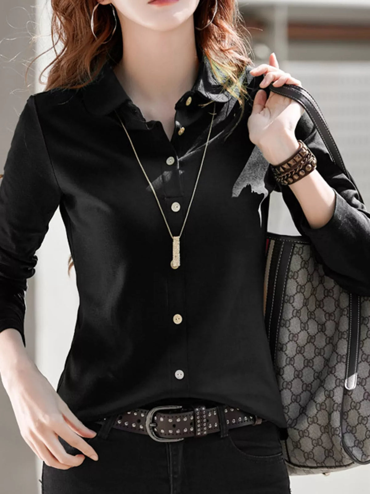 full size button-down long sleeve shirt plus | dropsona - neutral - close-up detail