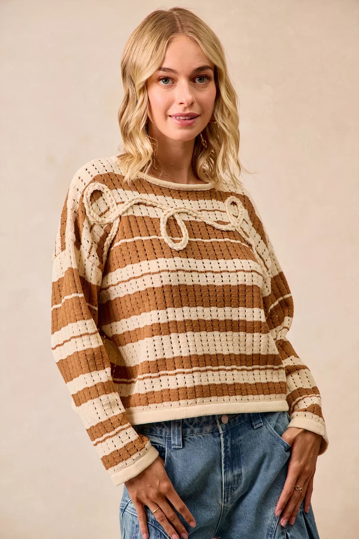 bibi striped open knit sweater top with front braided detail - everyday wear