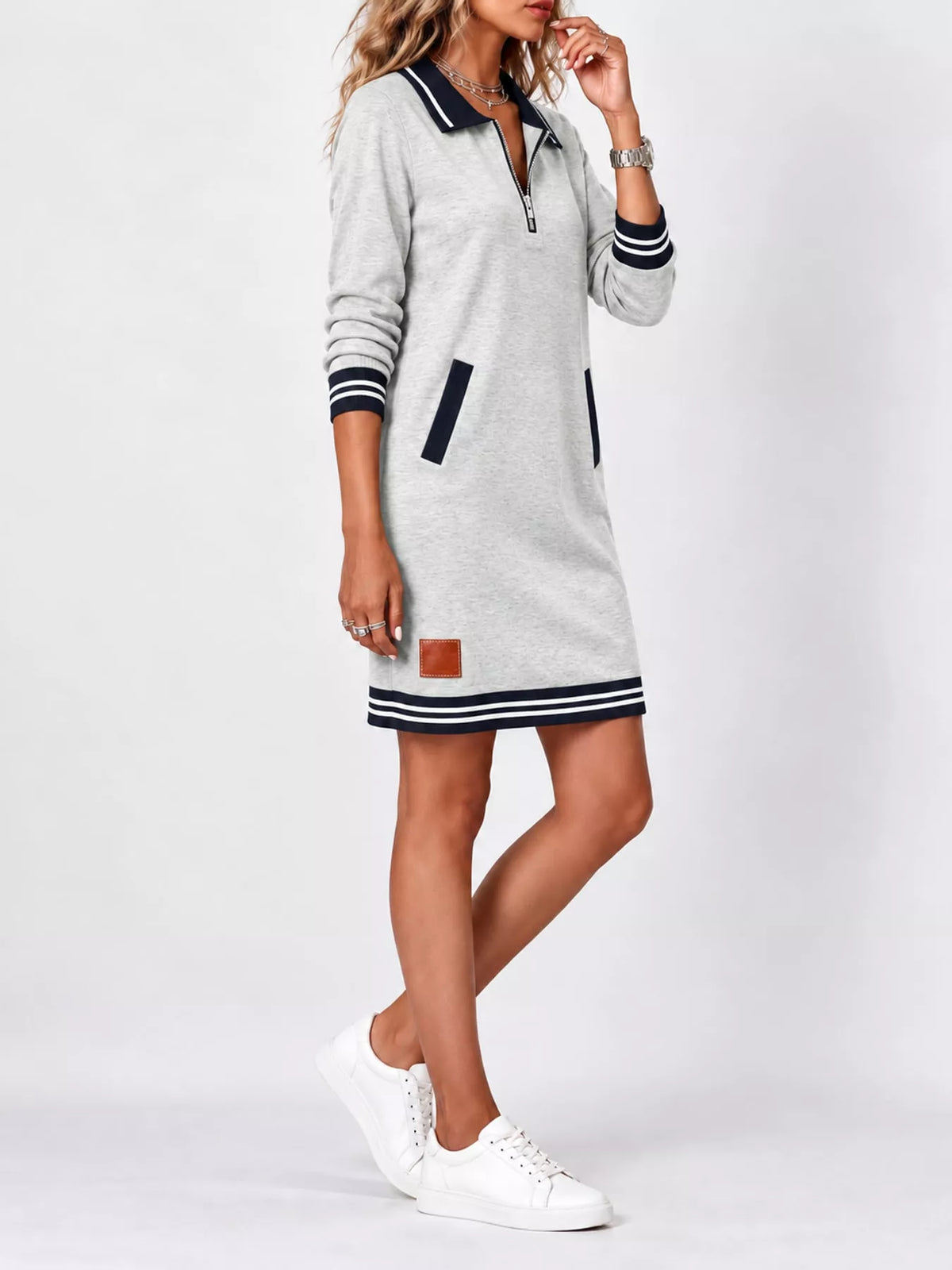 full size zip-up polo collar knit dress plus | dropsona - neutral - front view