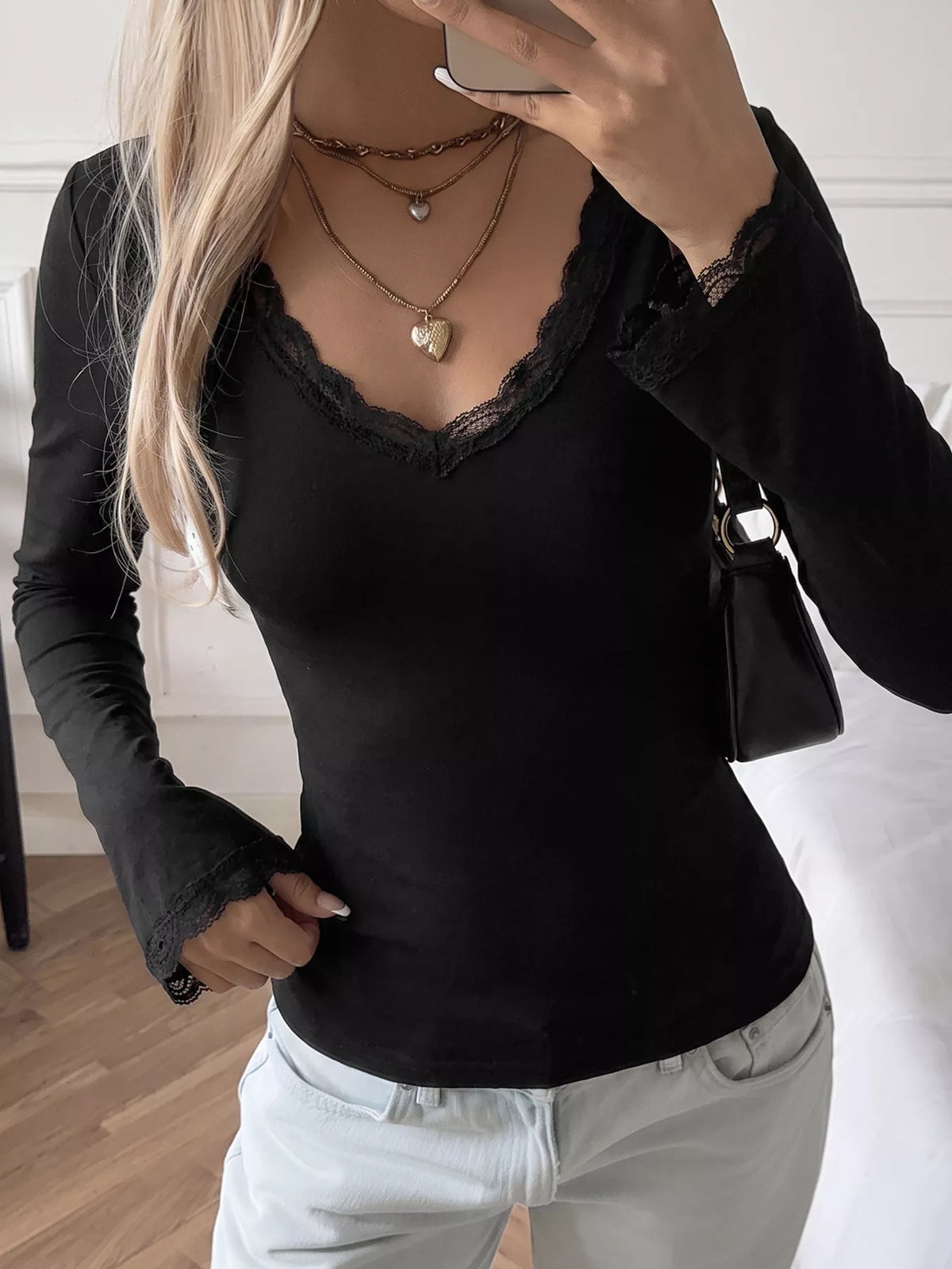 elegant lace trim v-neck long sleeve slim fit top | dropsona - neutral - close-up detail