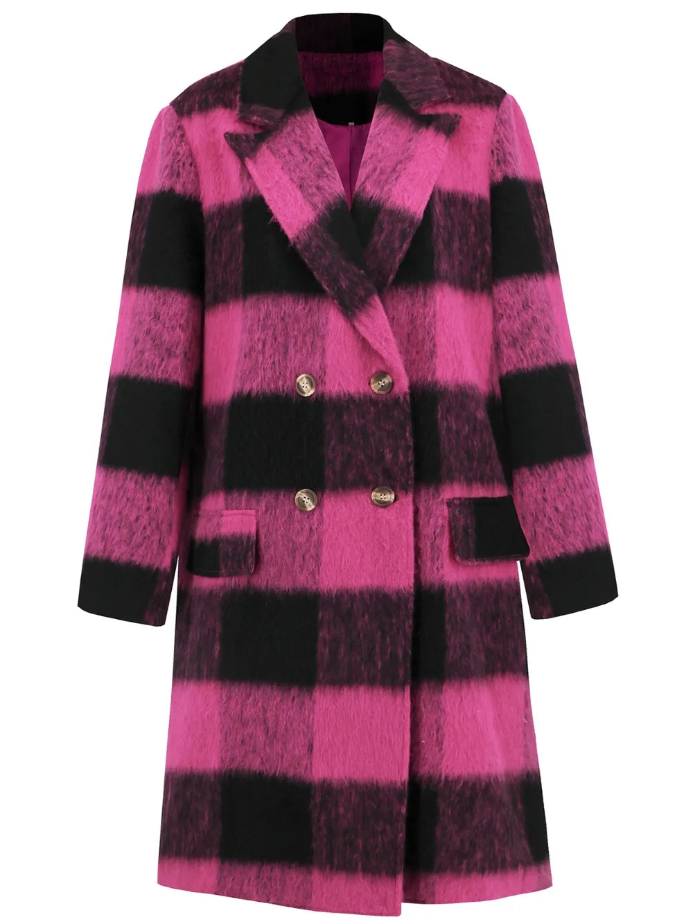 plaid double-breasted long sleeve coat – buttoned | dropsona - neutral - size reference