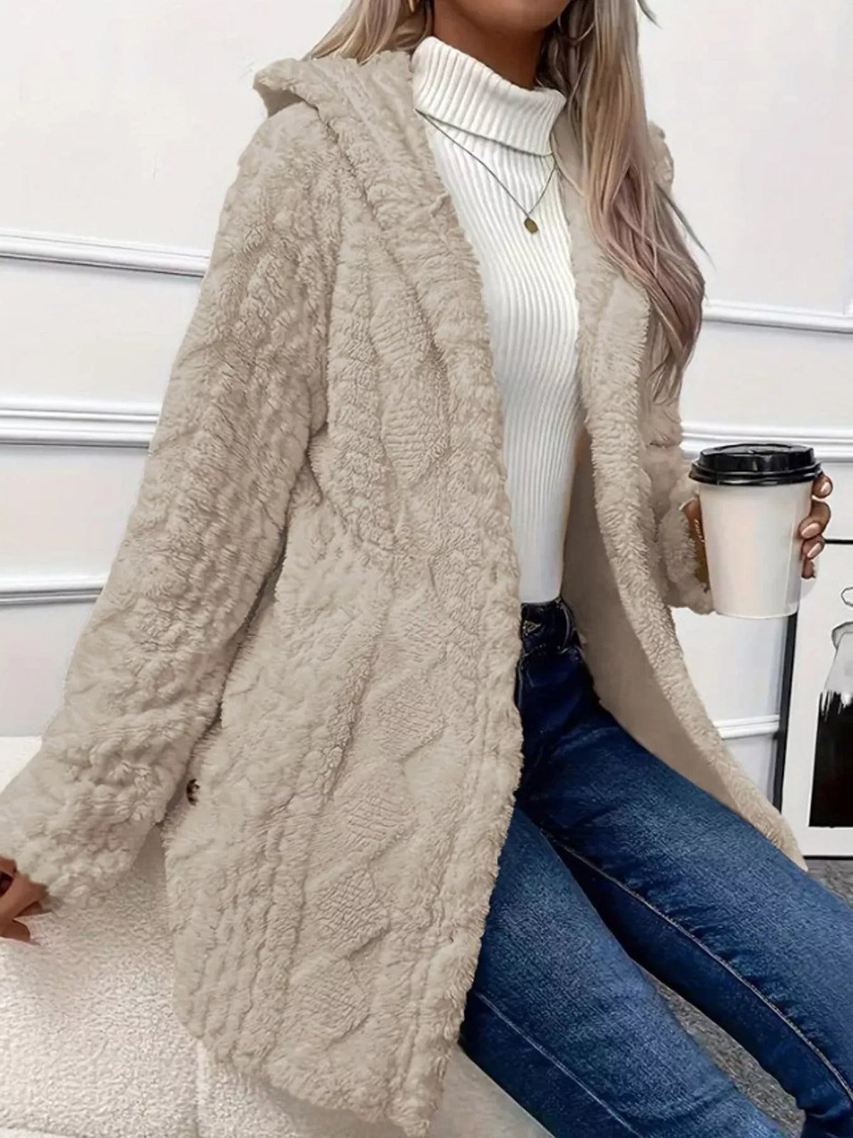 full size cozy cable-knit faux fur hooded outerwear | dropsona - neutral - packaging