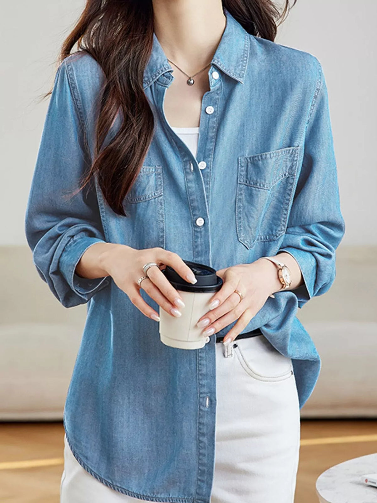button-down denim shirt with dual chest pockets | dropsona - neutral - size reference