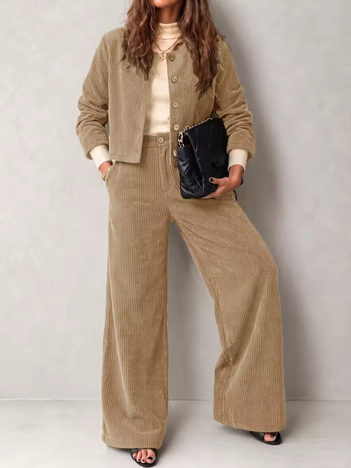 full size corduroy button-down jacket and wide-leg | dropsona - neutral - packaging