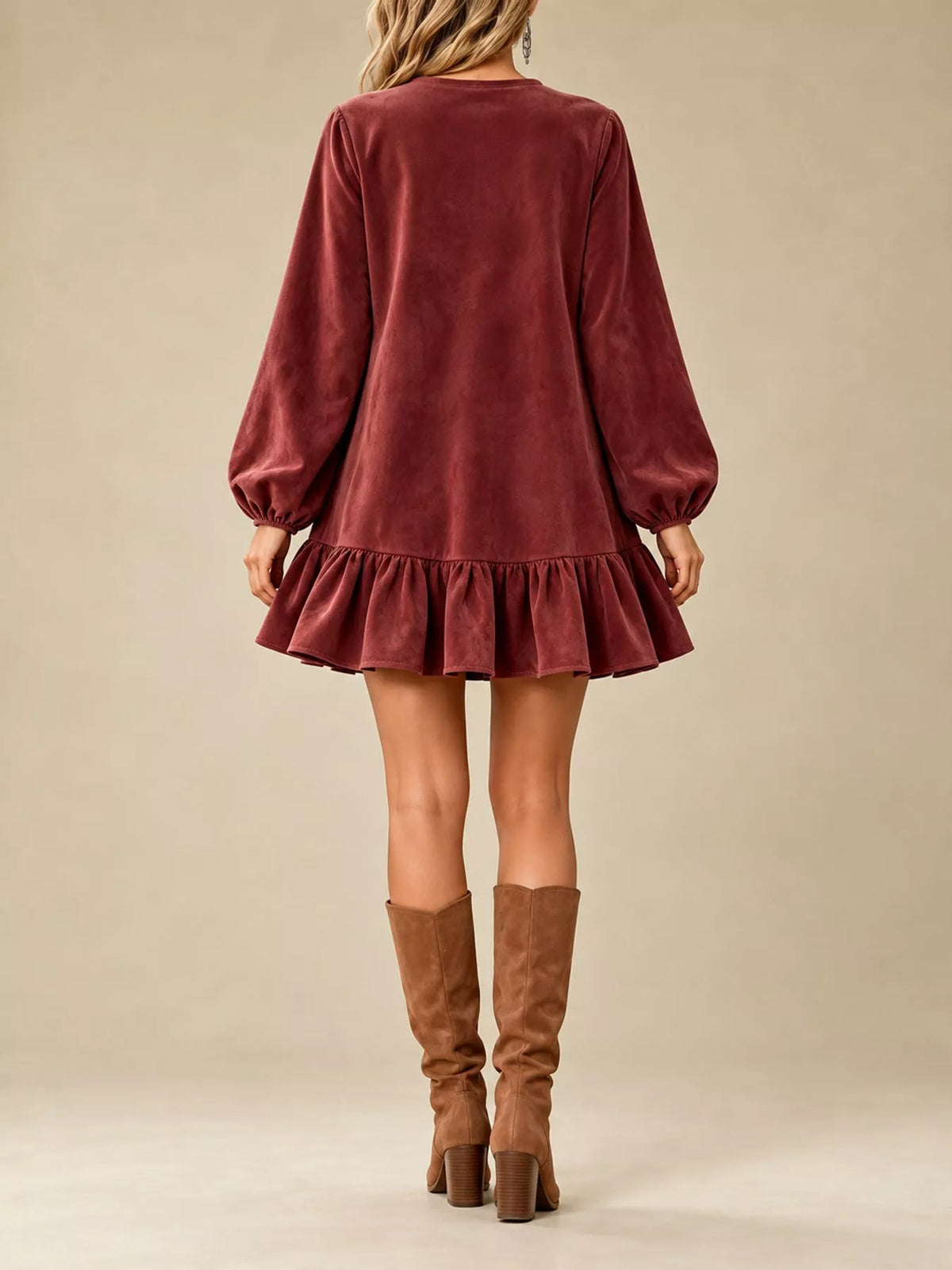 quarter-zip ruffle hem mini dress | dropsona - neutral - front view