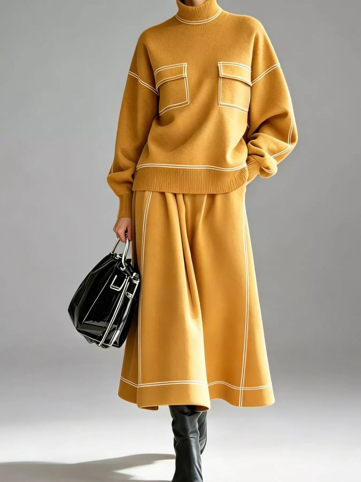turtleneck knit top and midi skirt set | dropsona - neutral - size reference