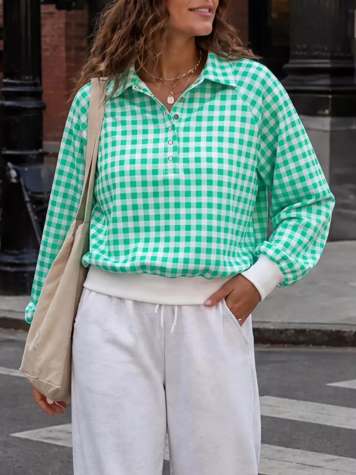 gingham plaid collared sweatshirt with ribbed hem | dropsona - neutral - usage example