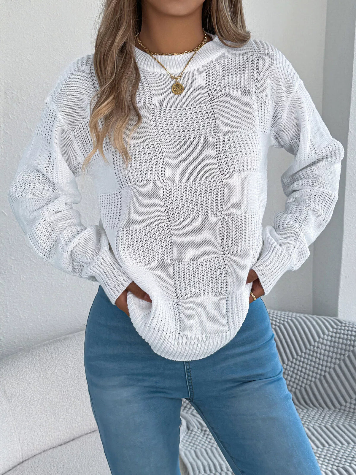 checkerboard textured knit sweater | dropsona - neutral - packaging