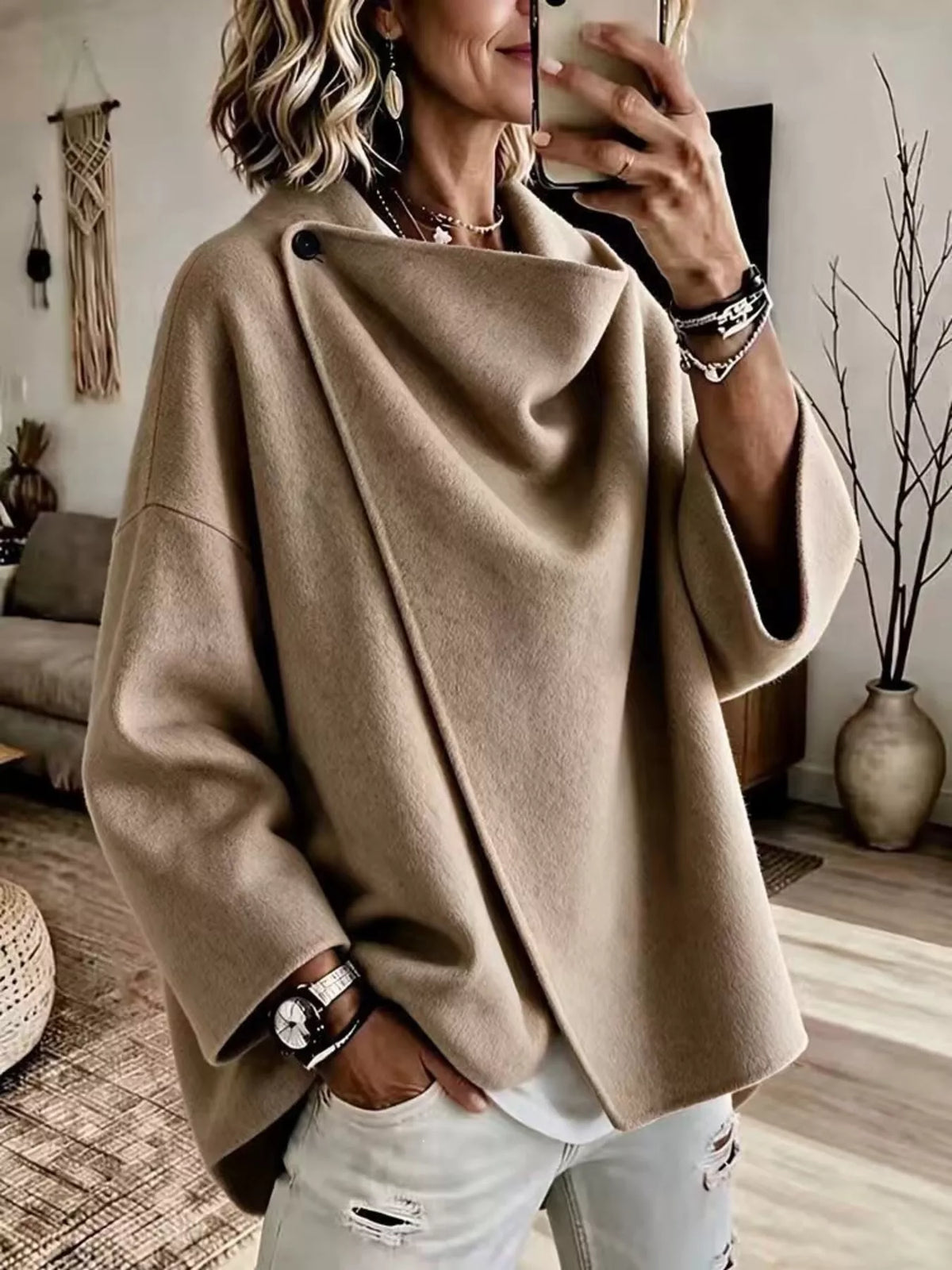 full size asymmetric cowl neck cape plus | dropsona - neutral - packaging