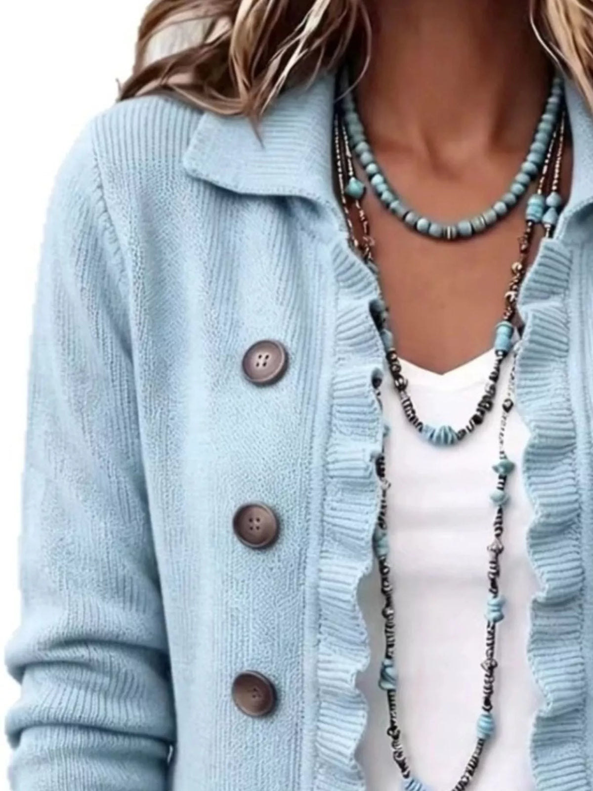 full size ruffled trim decorative button cardigan | dropsona - neutral - usage example