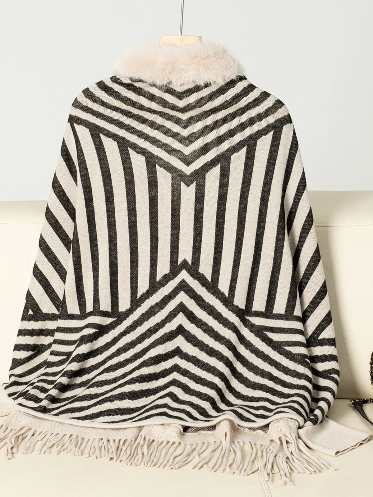 faux fur trimmed striped knit fringe poncho – | dropsona - neutral - front view