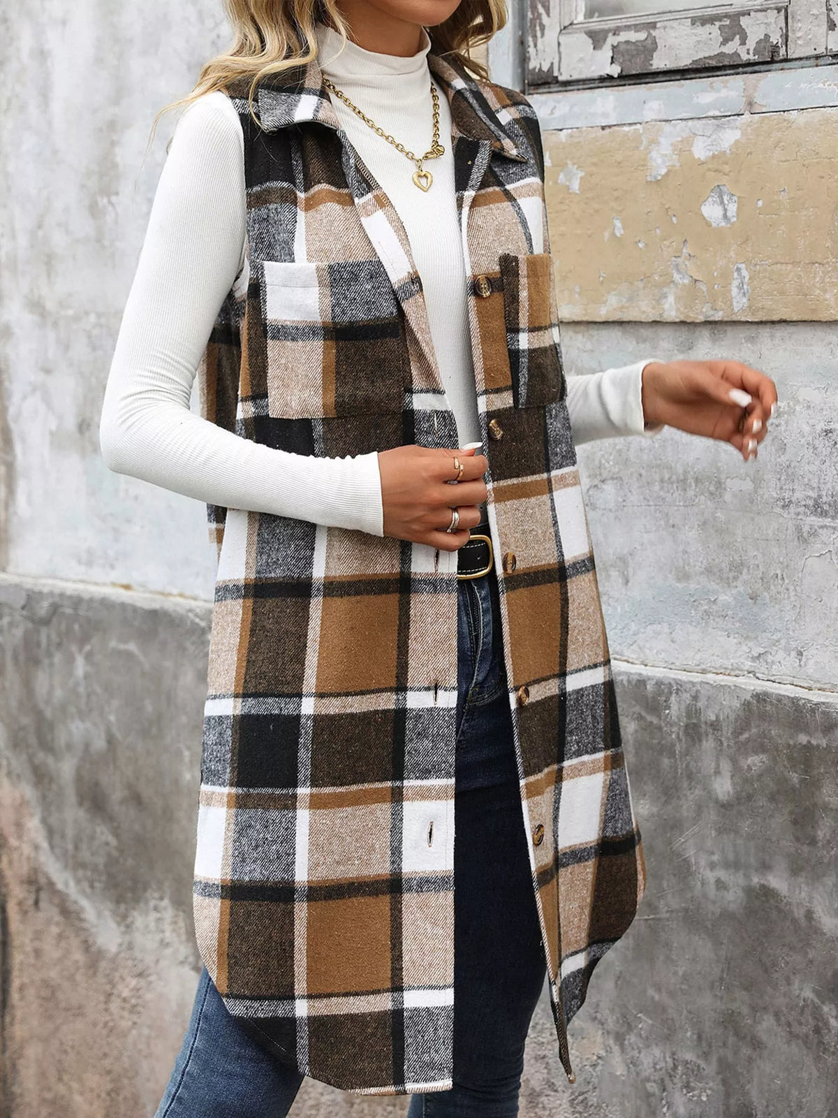 longline plaid button-down vest coat | dropsona - neutral - close-up detail