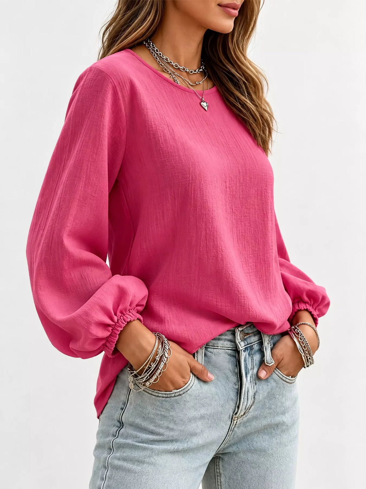full size elasticated cuffs long sleeve blouse plus | dropsona - neutral - size reference