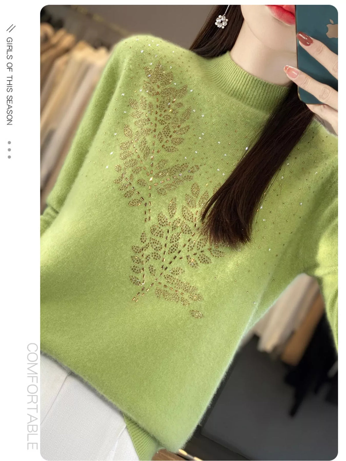 rhinestone leaf mock neck sweater | dropsona polyester - neutral - material texture