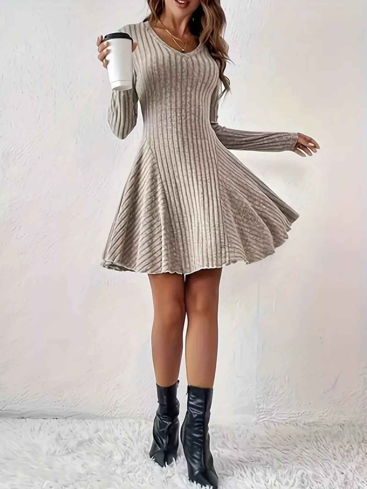 v-neck ribbed knit a-line dress – | dropsona - neutral - size reference