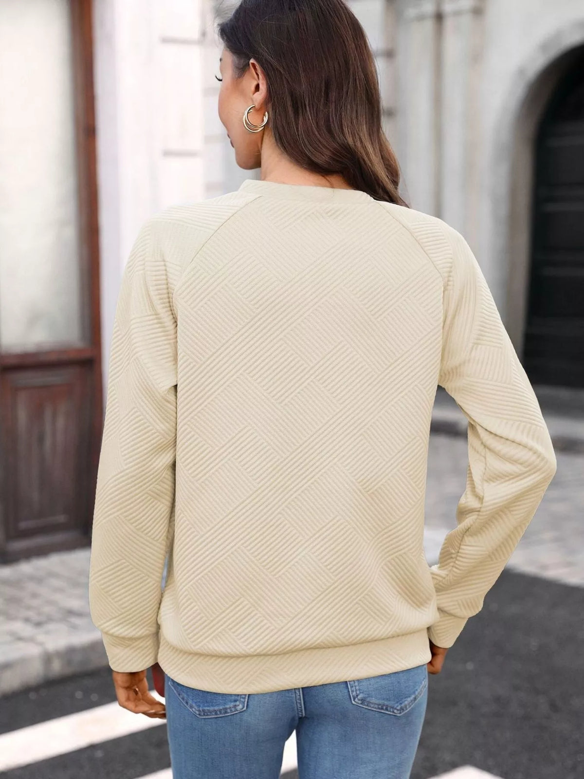 textured notched long sleeve sweatshirt – basic style | dropsona - neutral - usage example