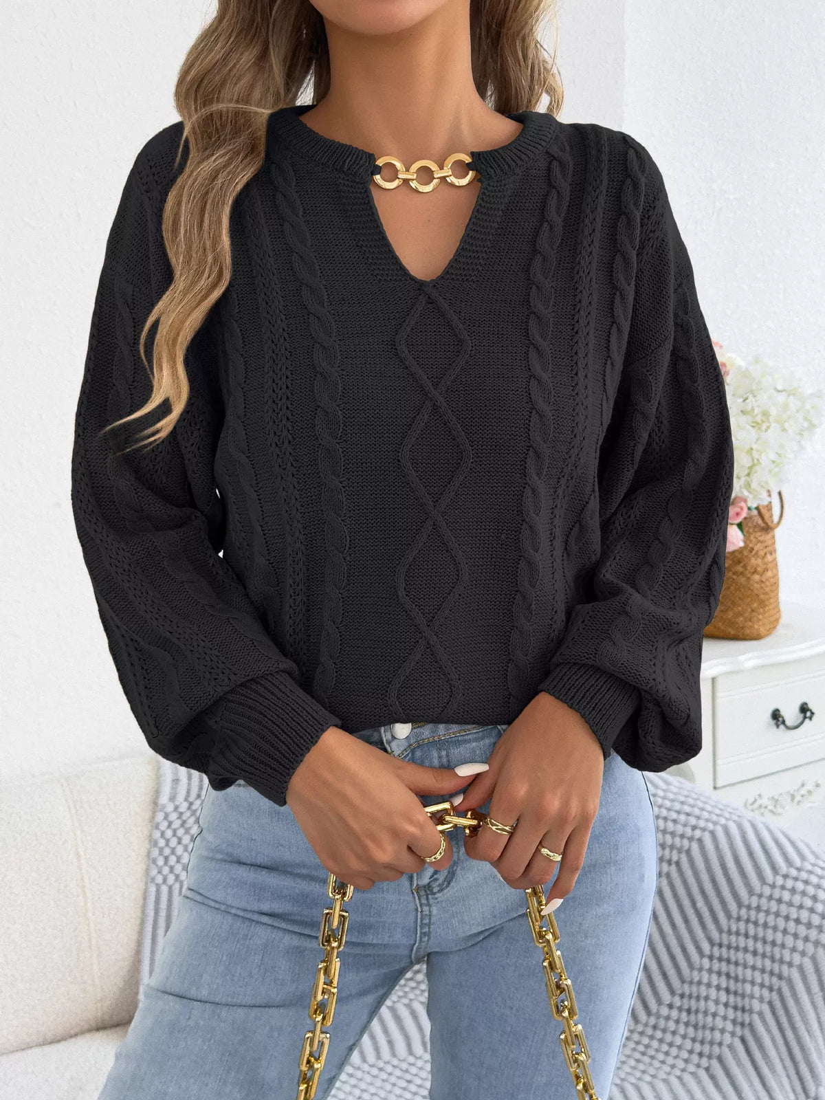 cable knit notched sweater – basic style | dropsona - neutral - material texture
