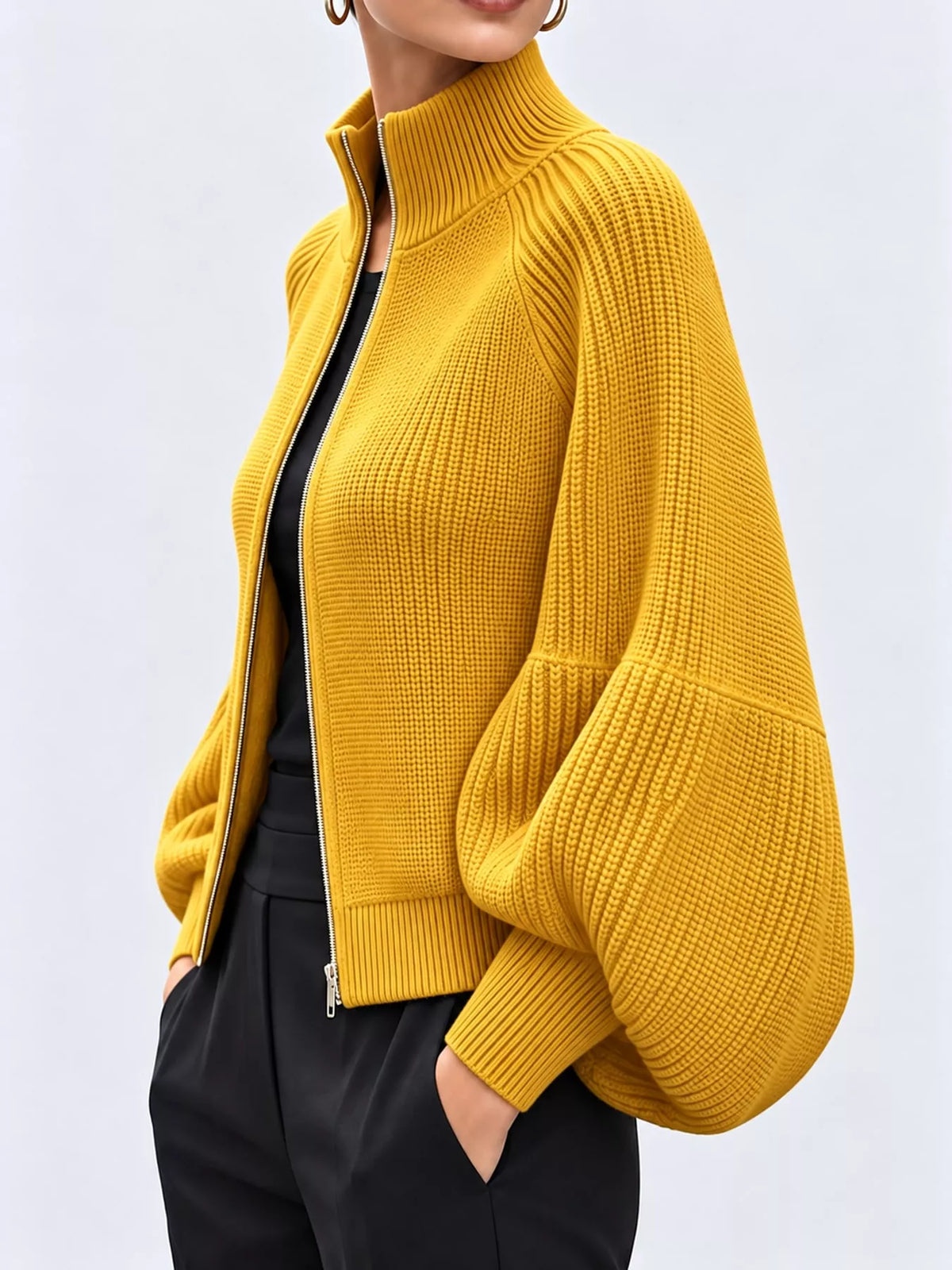 full size elegant ribbed knit zip-up cardigan with | dropsona - neutral - front view