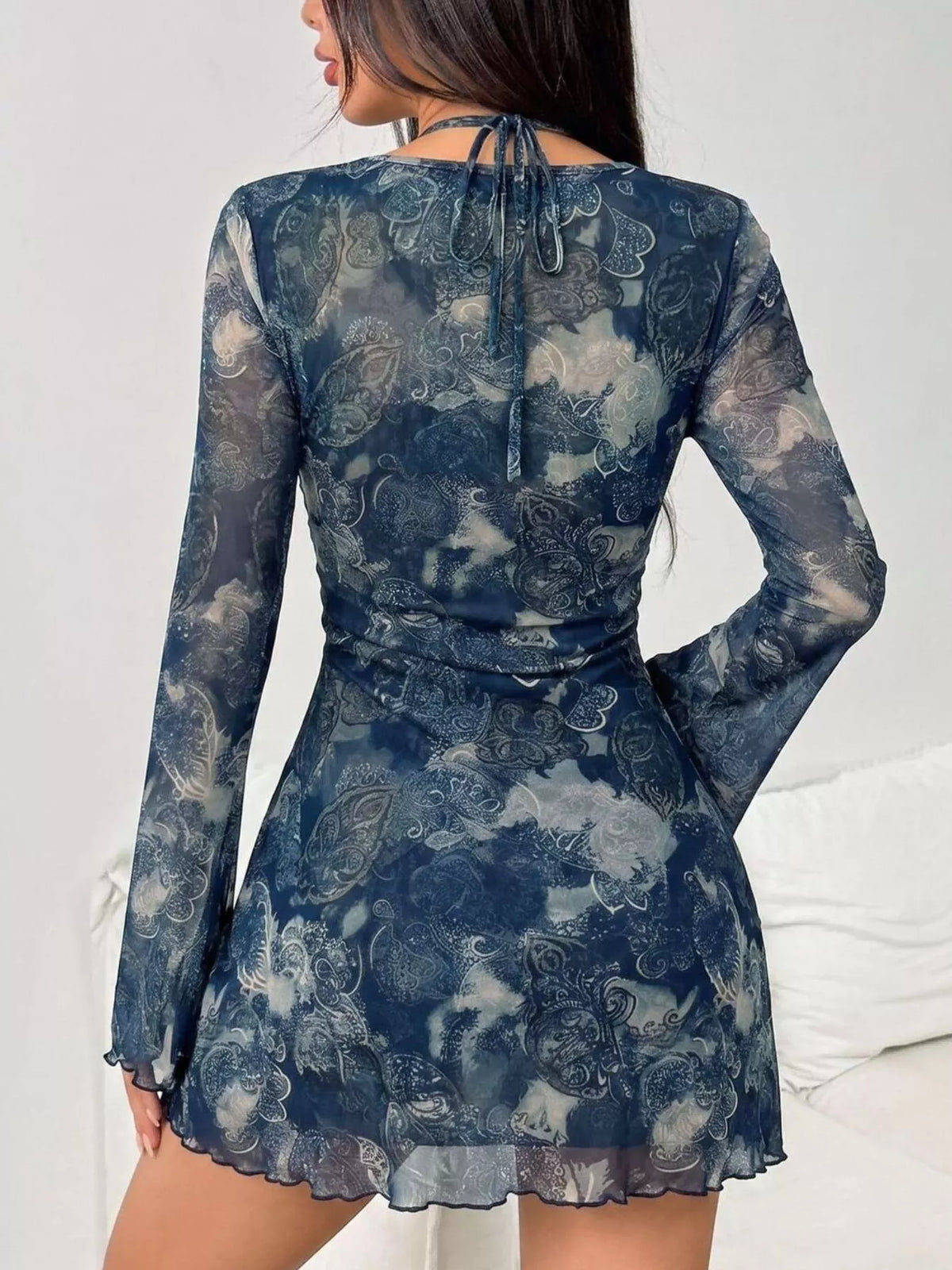 mesh long sleeve cutout mini dress – mesh,cutout,tied | dropsona - neutral - material texture