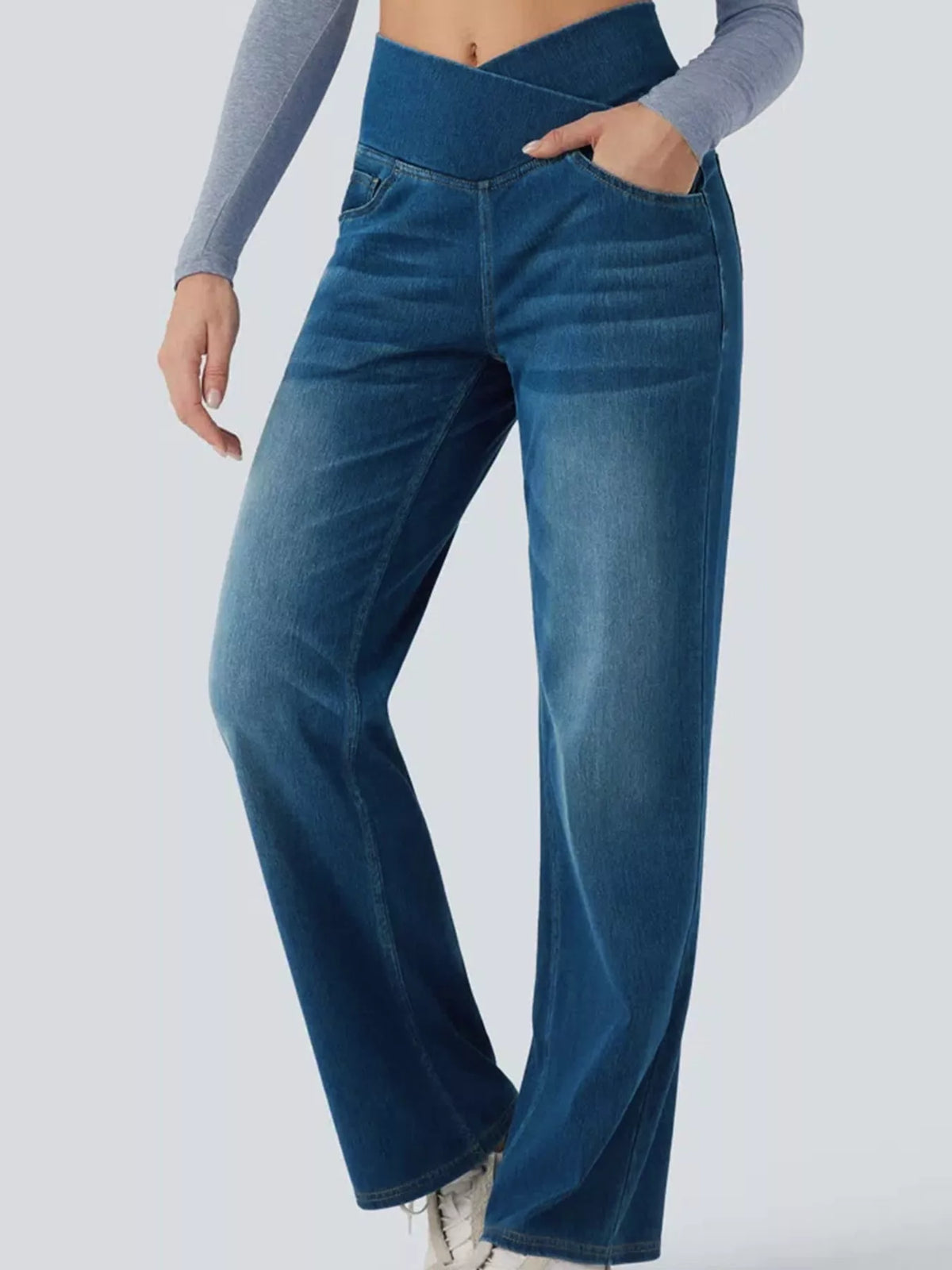 cat's whisker high-waisted cross-over waistband | dropsona - neutral - close-up detail