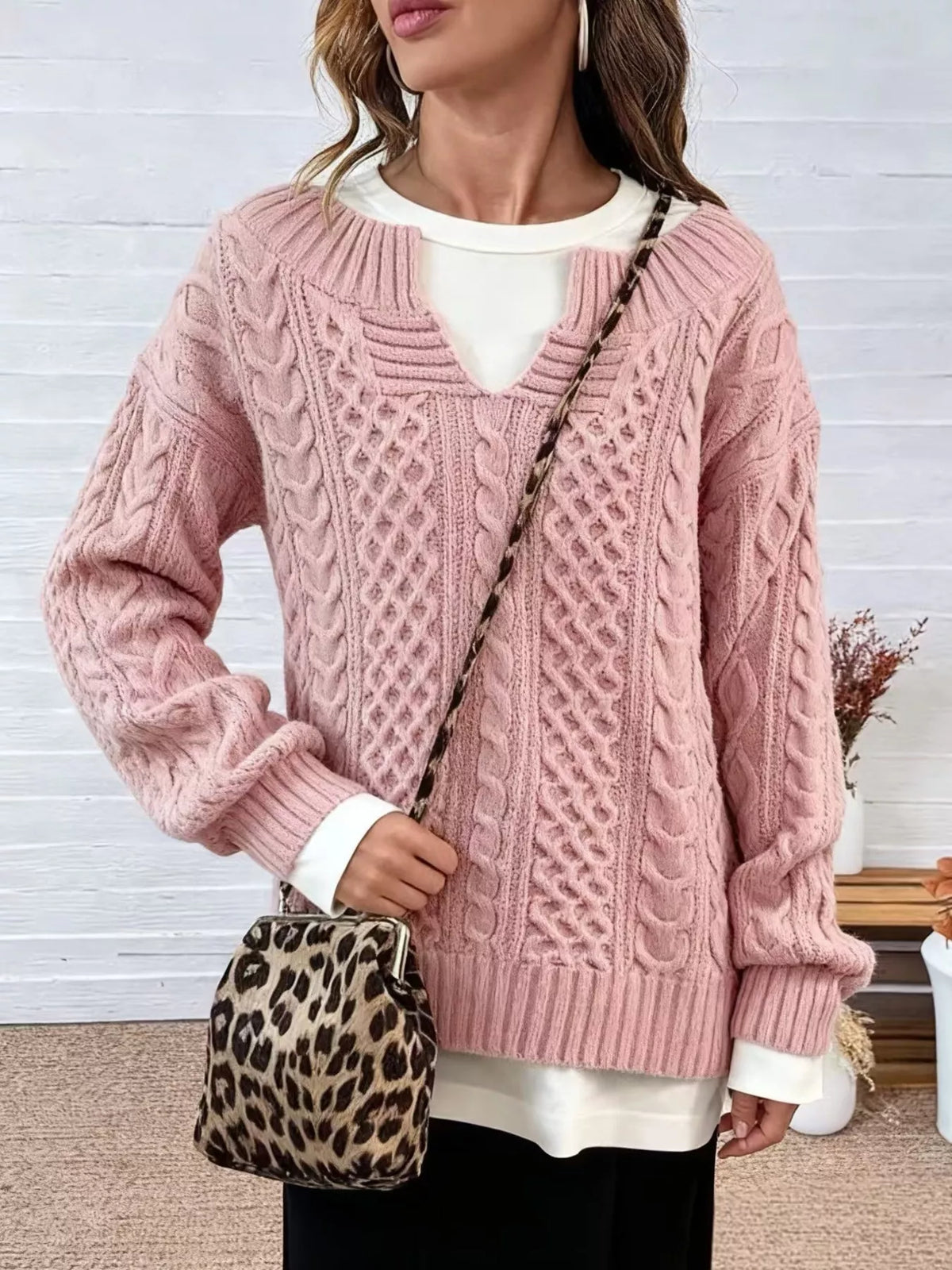 full size cable knit dropped shoulder sweater plus | dropsona - neutral - material texture