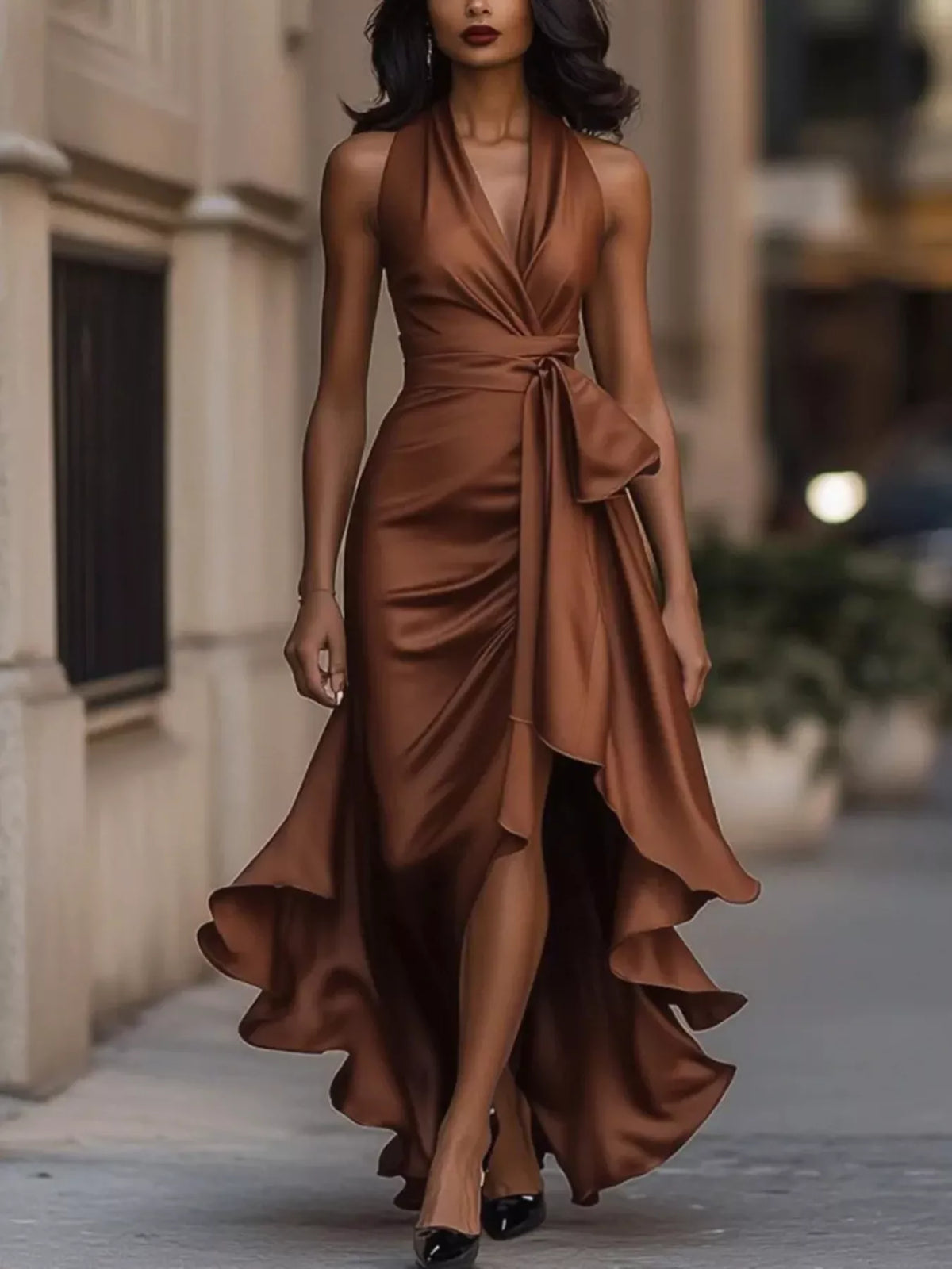 full size high-low ruffled satin maxi dress plus | dropsona - neutral - size reference
