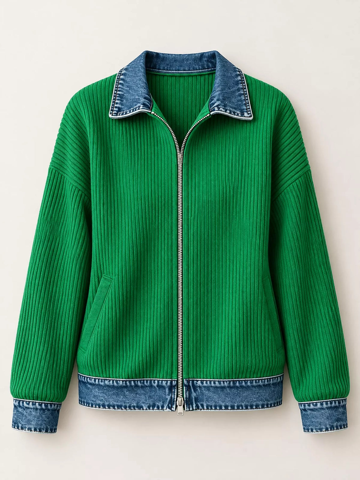 full size denim-collar ribbed knit zip-up jacket plus | dropsona - neutral - packaging