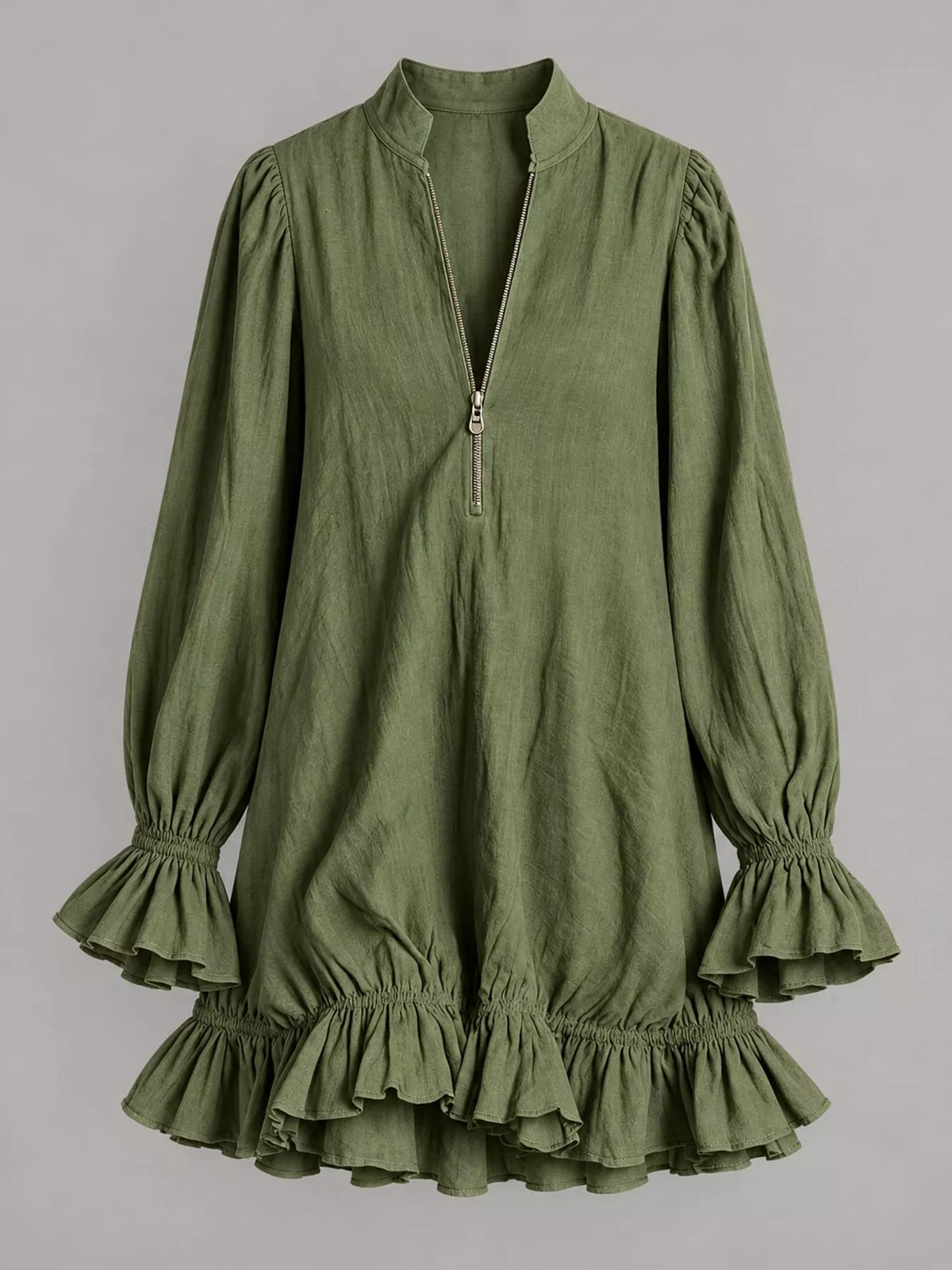 zipper-front ruffle hem mini dress – zipper, ruffled | dropsona - neutral - front view