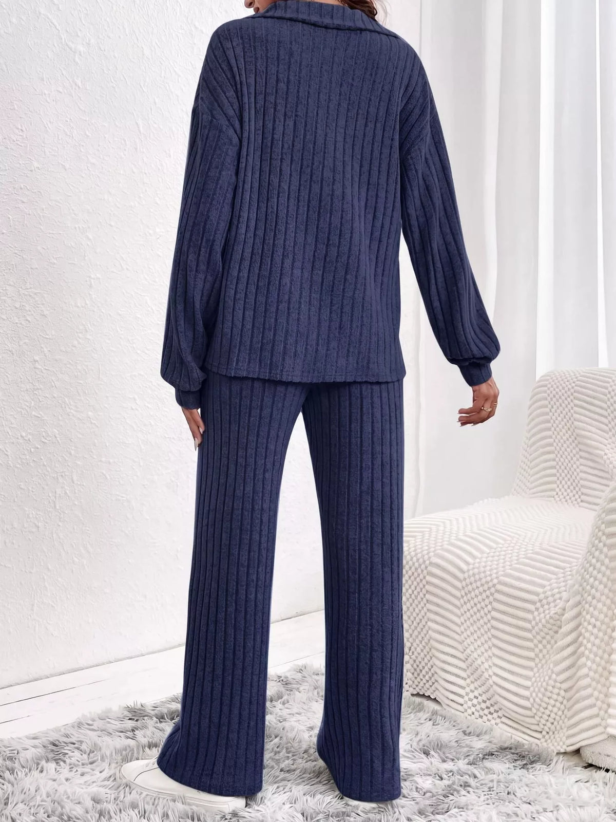 ribbed knit collared top and wide leg pants set | dropsona - neutral - usage example