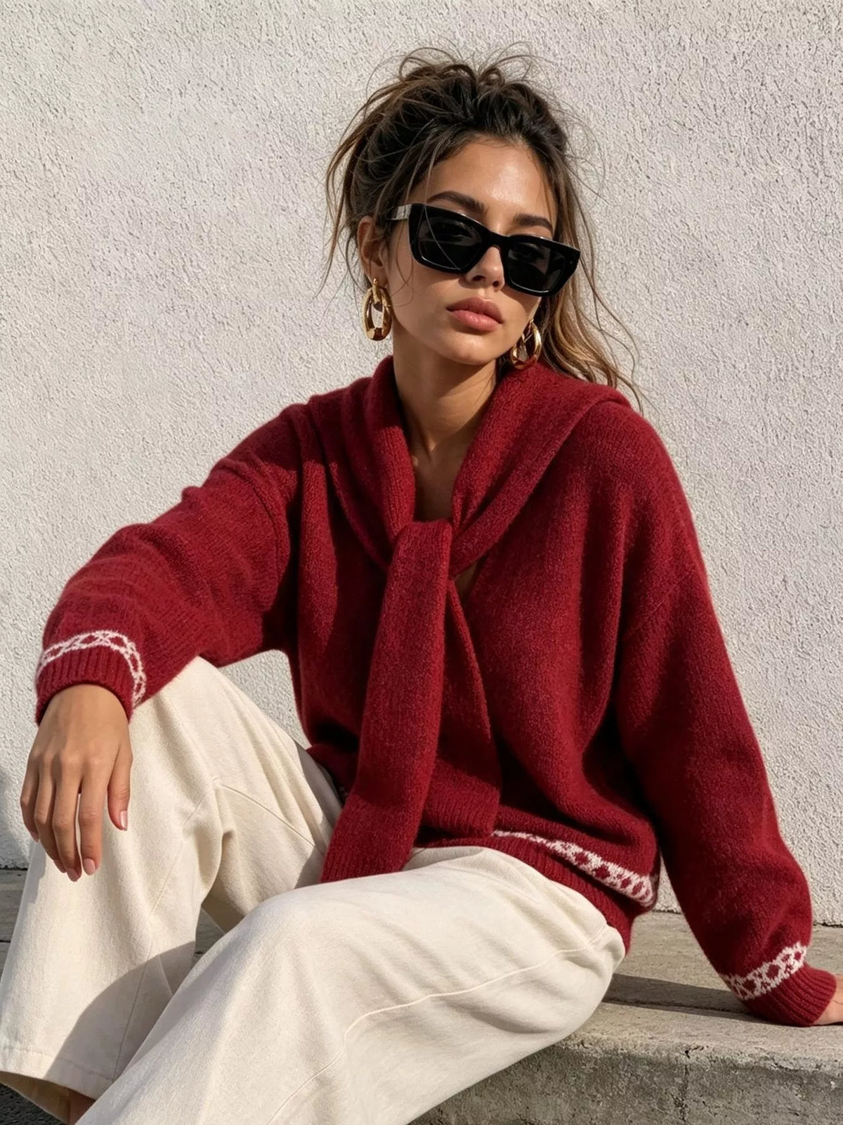 scarf detail dropped shoulder sweater – basic style | dropsona - neutral - front view