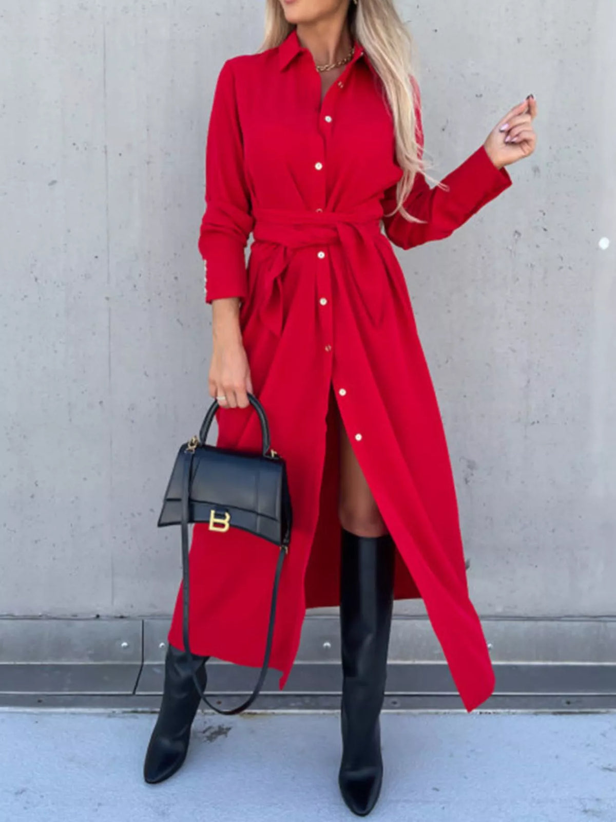 full size tie waist long sleeve shirt dress plus | dropsona - neutral - close-up detail