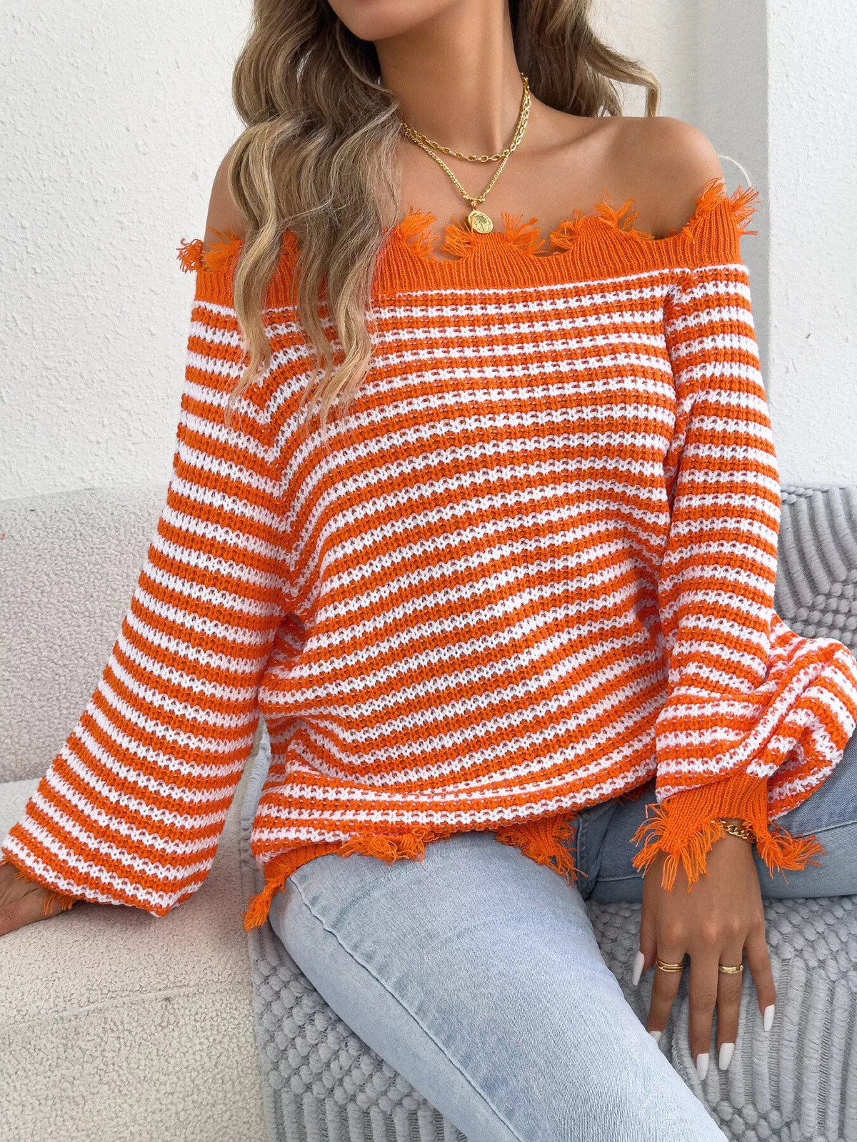 off-shoulder frayed hem striped sweater – raw | dropsona - neutral - packaging