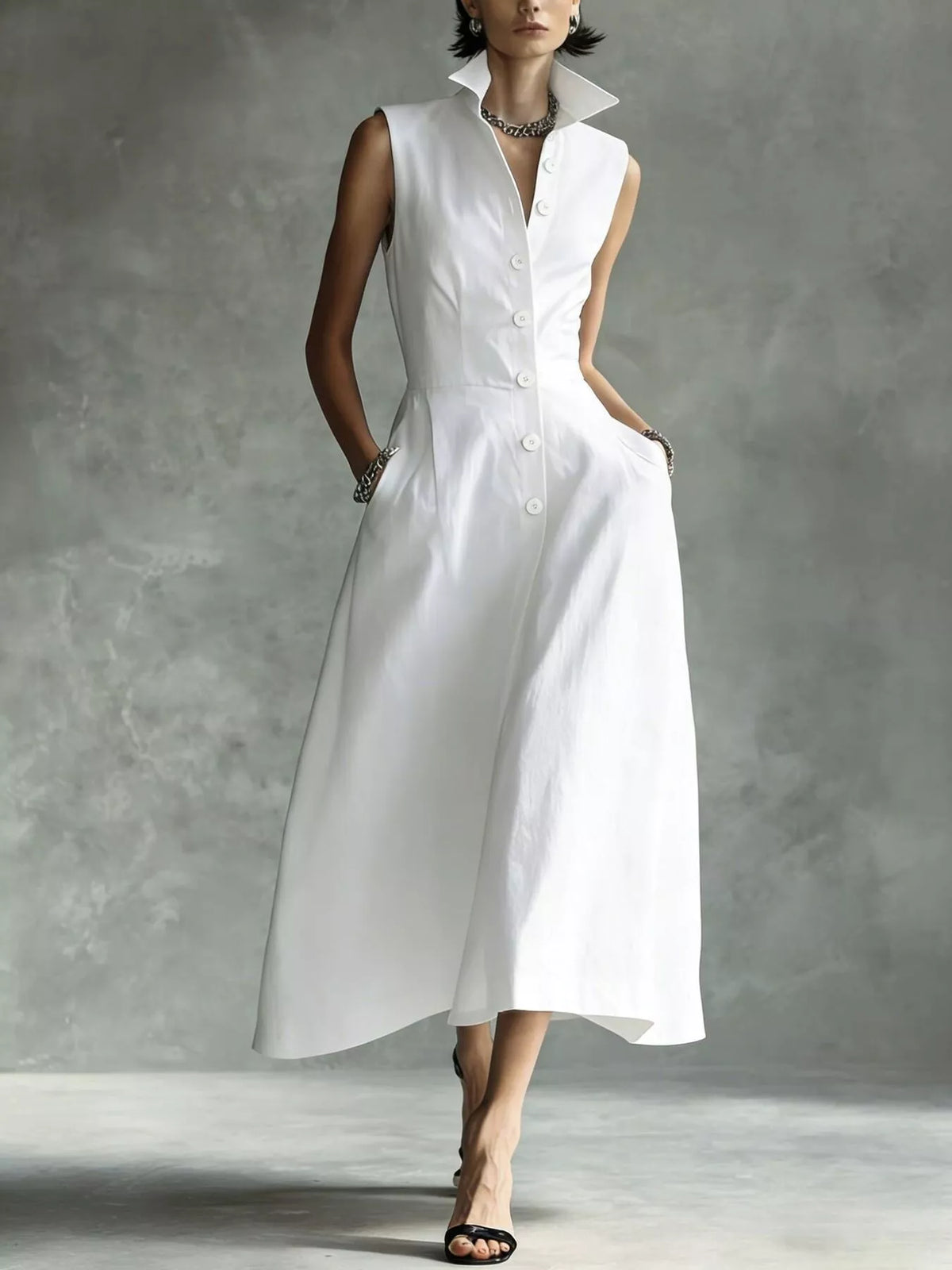 sleeveless button-down midi shirt dress | dropsona - neutral - size reference