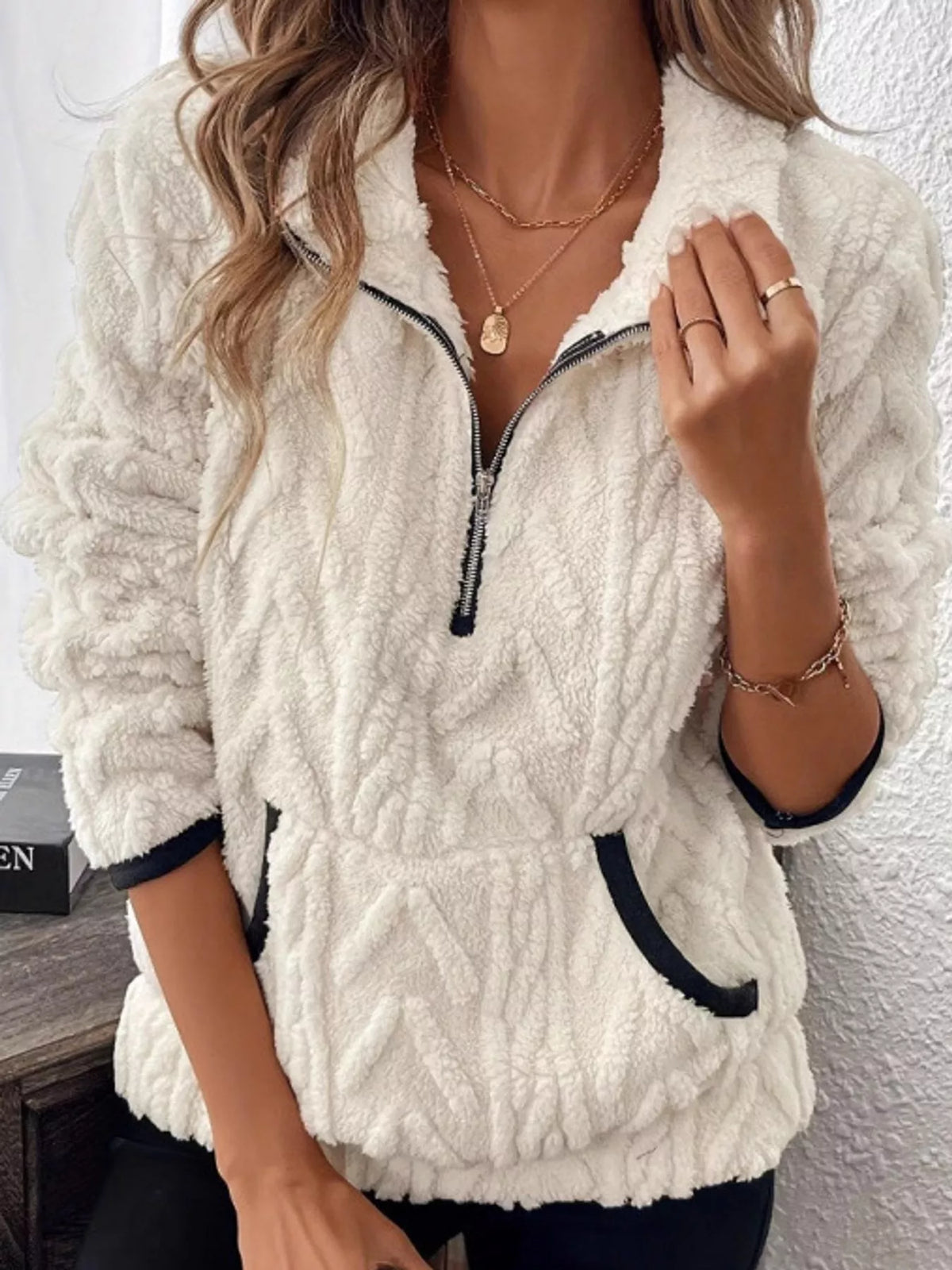 full size quarter-zip sherpa sweatshirt plus | dropsona - neutral - front view