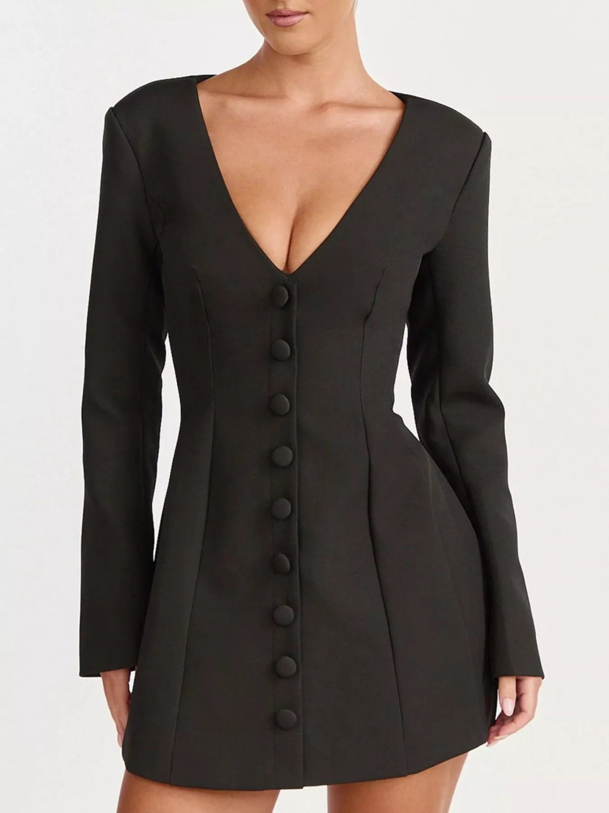 deep v-neck button-down blazer dress – buttoned,zipper | dropsona - neutral - packaging