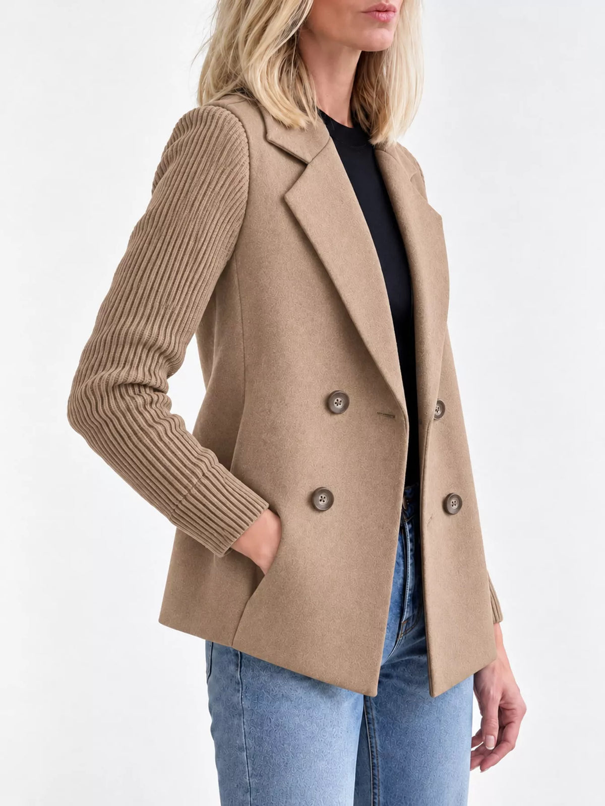 full size double-breasted lapel collar blazer plus | dropsona - neutral - close-up detail