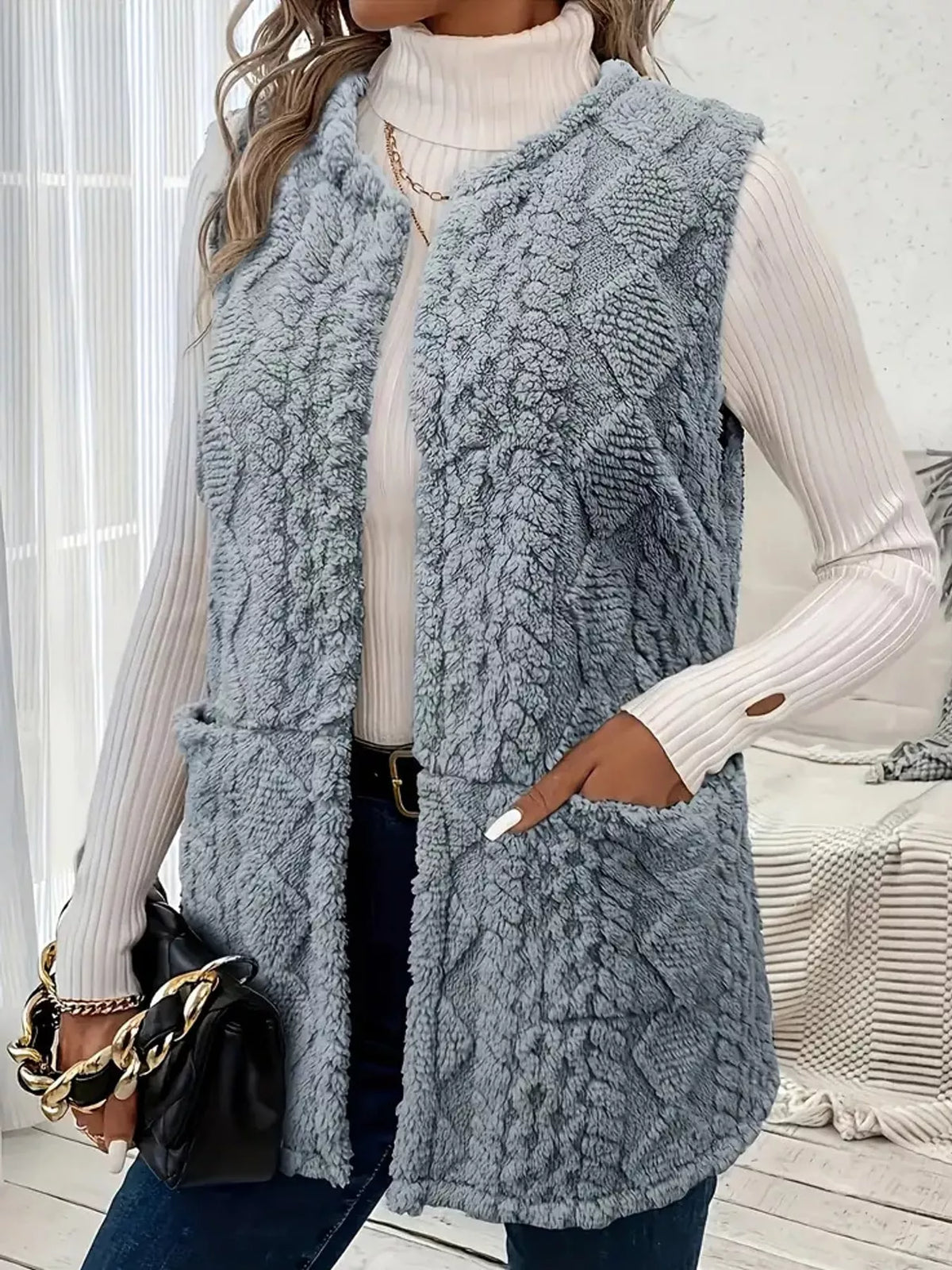 sherpa open front vest coat – pocketed,thermal closure | dropsona - neutral - front view