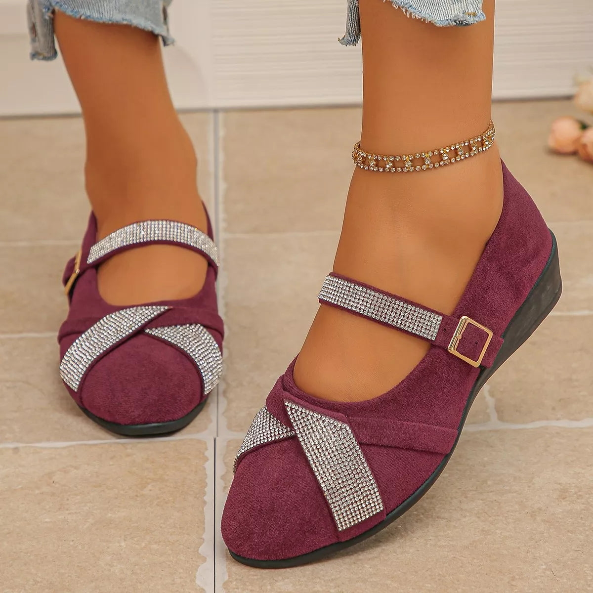 rhinestone embellished suede loafers with adjustable | dropsona - neutral - front view