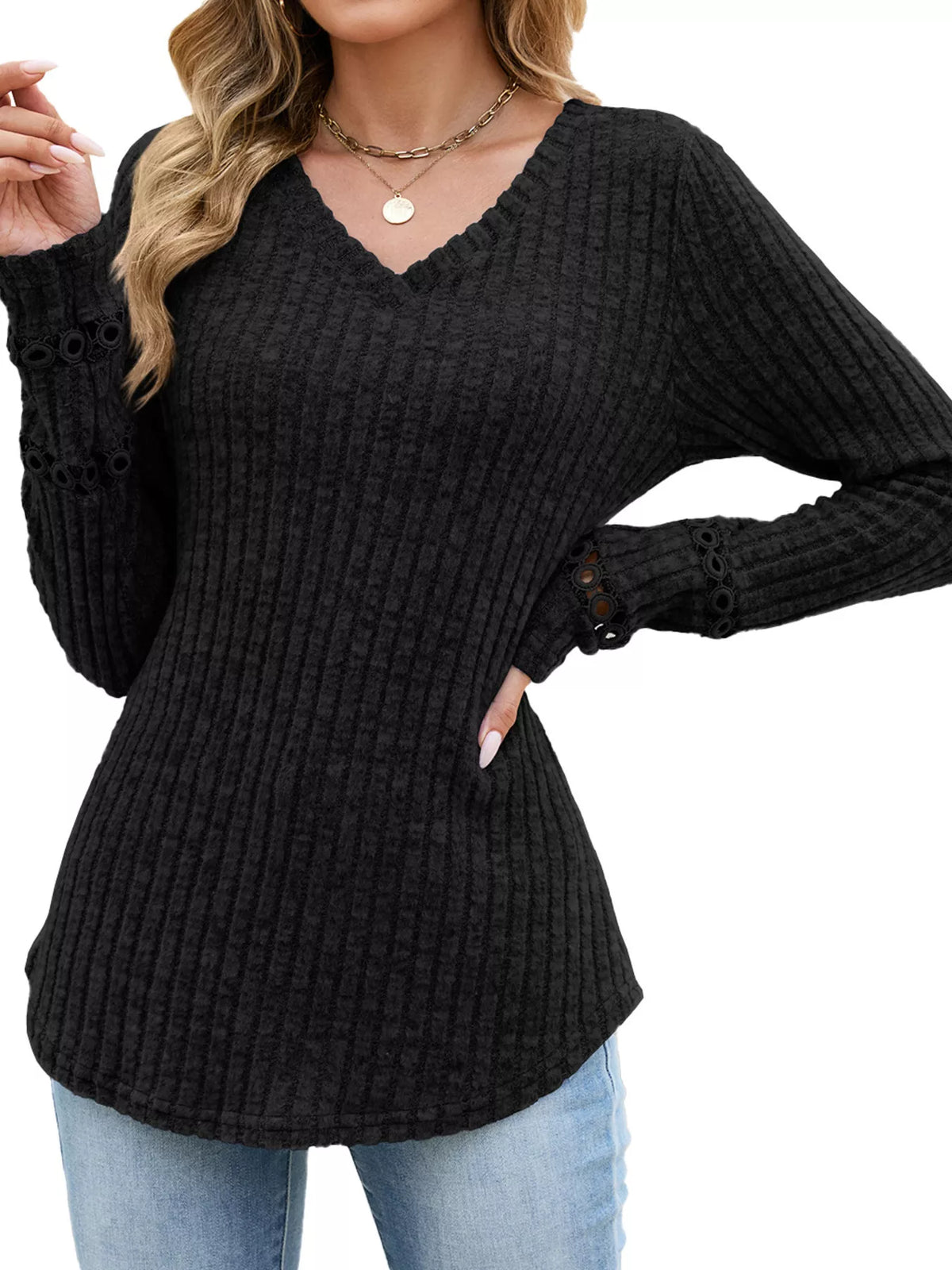 v-neck ribbed knit top with eyelet cuff detail | dropsona - neutral - packaging