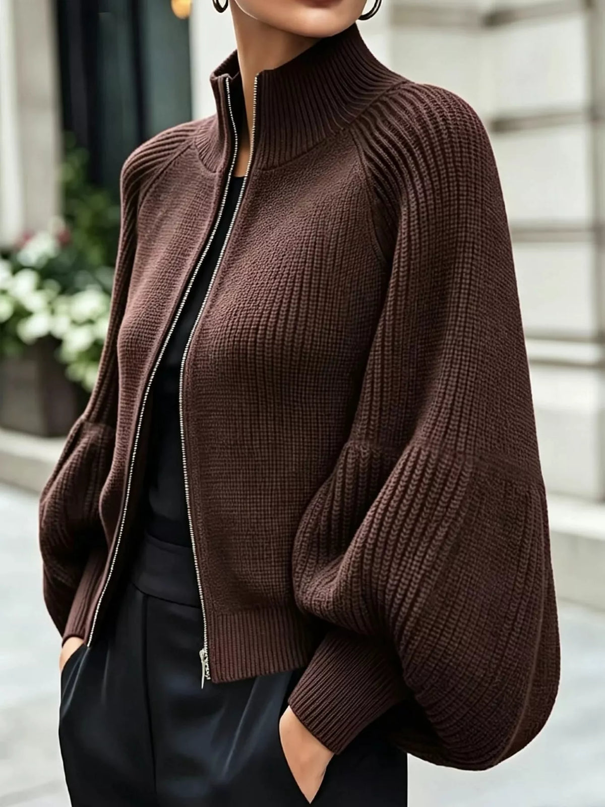 full size elegant ribbed knit zip-up cardigan with | dropsona - neutral - material texture