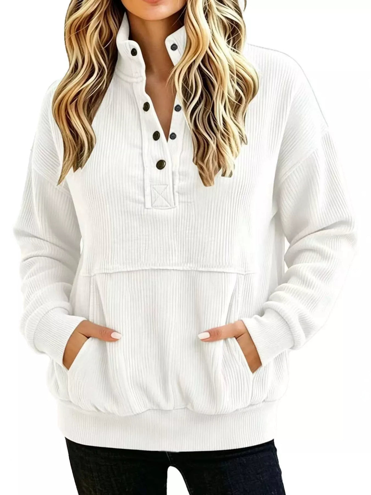 full size quarter snap kangaroo pocket sweatshirt | dropsona - neutral - everyday use
