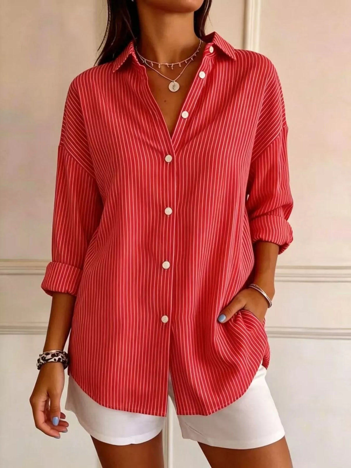 full size striped button-down long sleeve shirt plus | dropsona - neutral - packaging