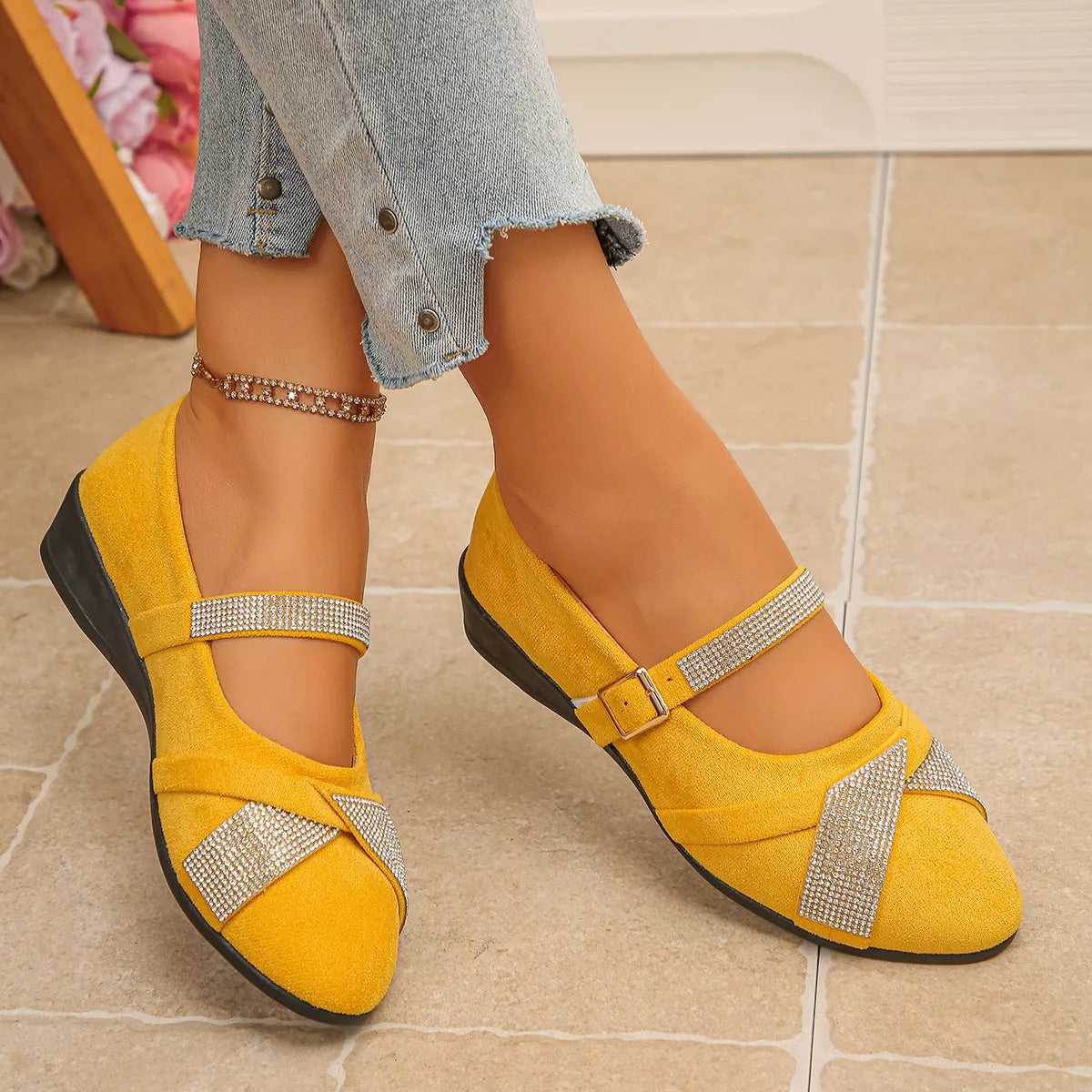 rhinestone embellished suede loafers with adjustable | dropsona - neutral - size reference