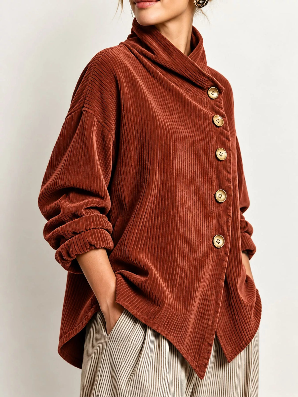 full size asymmetric button-down corduroy jacket plus | dropsona - neutral - front view